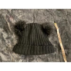 Beanie hat two Pompoms black silk cap inside warm for cold weather